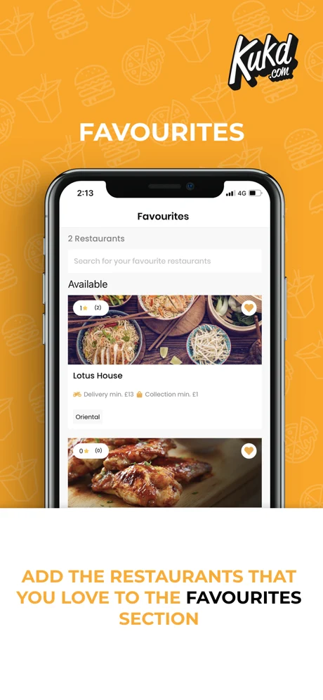 KUKD app restaurant search results with filters and ratings