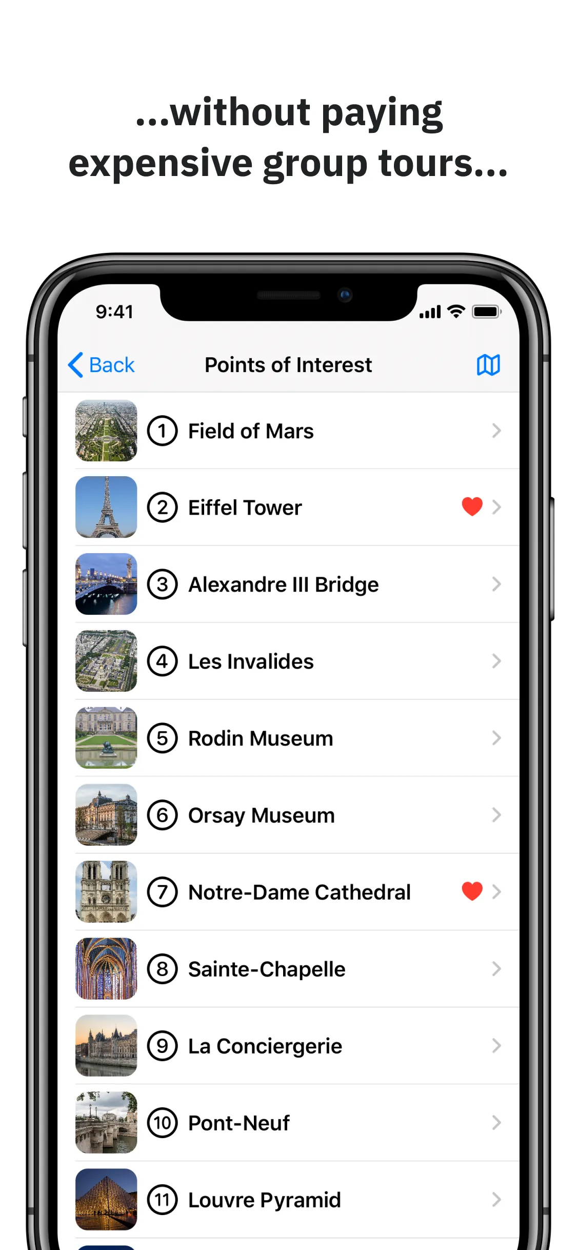 Overview City Guides app city detail view with points of interest on map