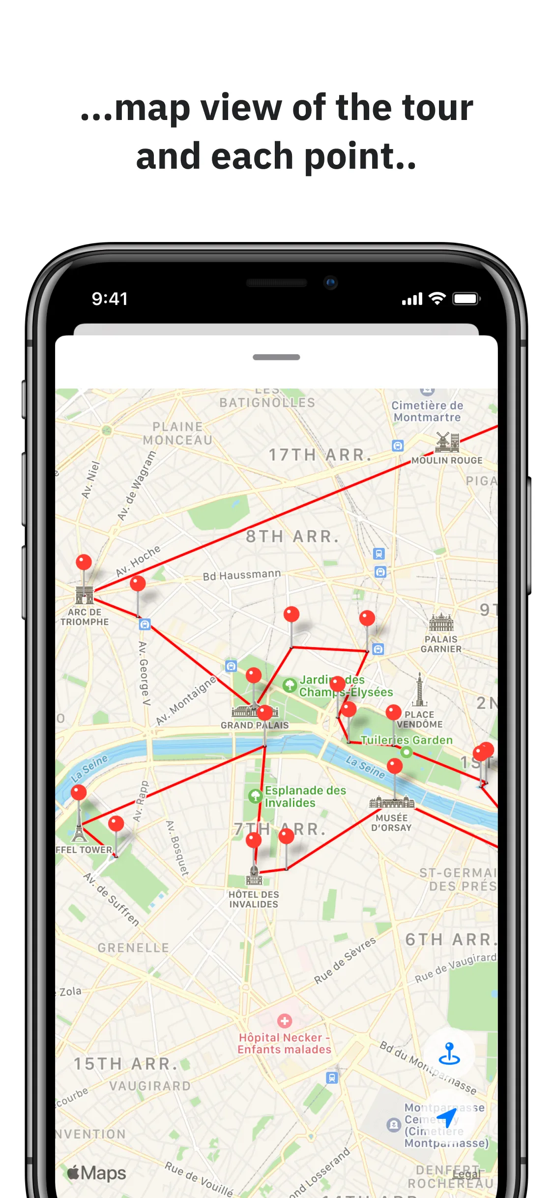 Overview City Guides app interactive map with categorized travel markers