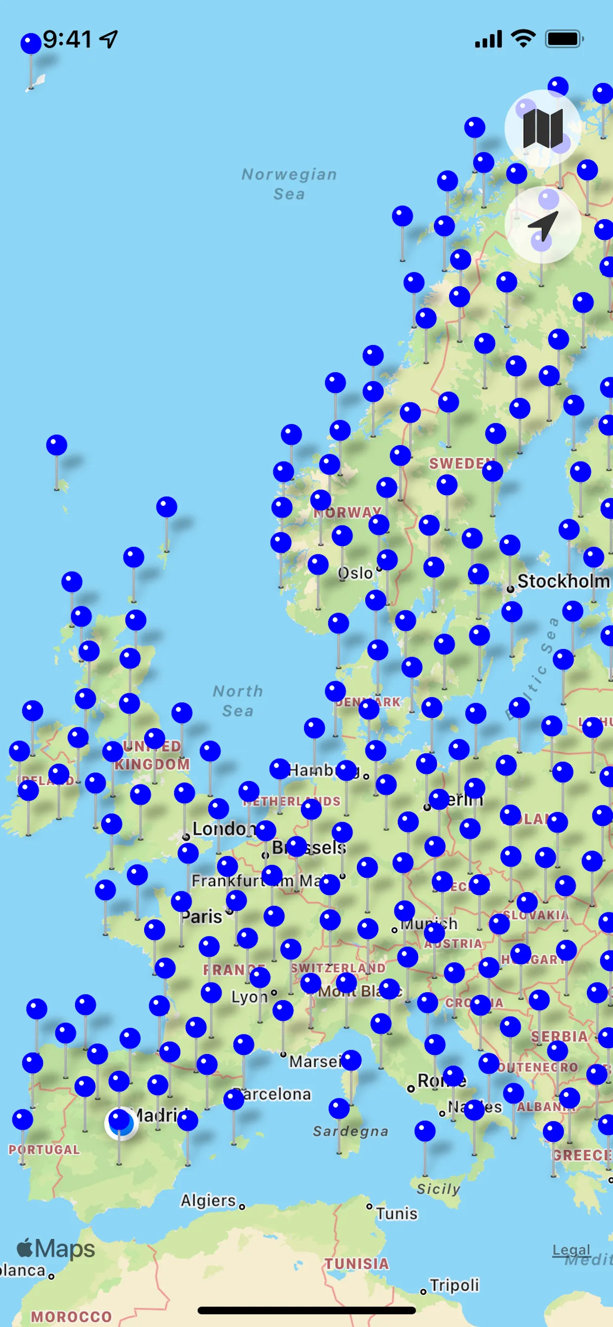 Overview Webcams v2 app main screen showing live webcam feeds from around the world