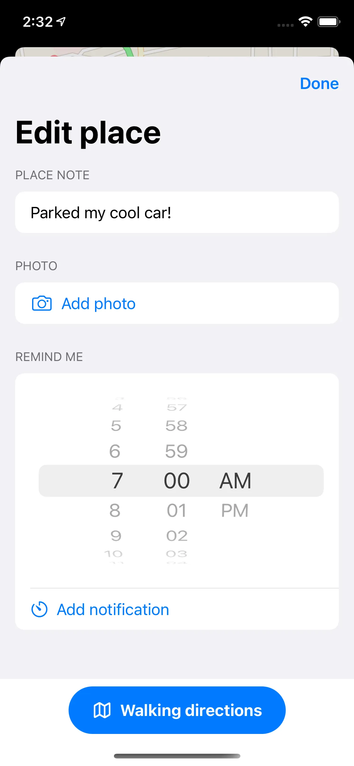 Remember The Car app parking timer and reminder notification setup